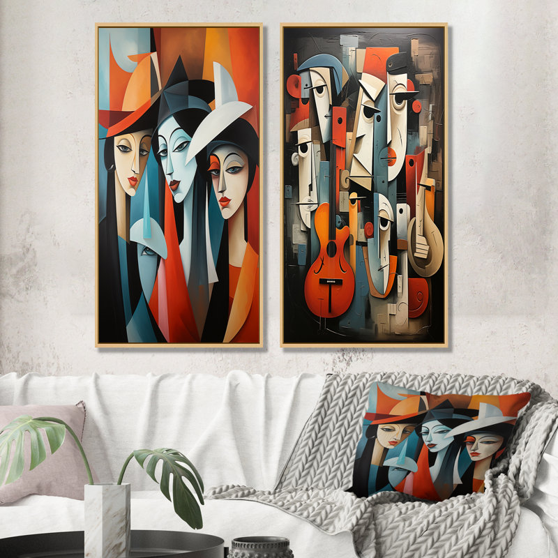«Music Performance Cubist Portrait I - Theatre», ensemble d'art mural sur toile, Cadre flottant brun, H 40 po x l 41 po