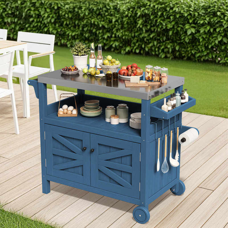 HDPE Bar Cart Portable Outdoor Table Made of Durable Wood-look Resin And Stainless, Navy