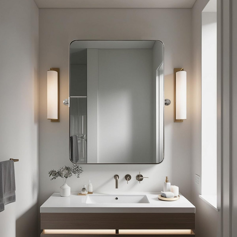 Miroir de salle de bain mural moderne inclinable | Cadre pivotant en acier inoxydable, Nickel brossé, 36 po x 28 po