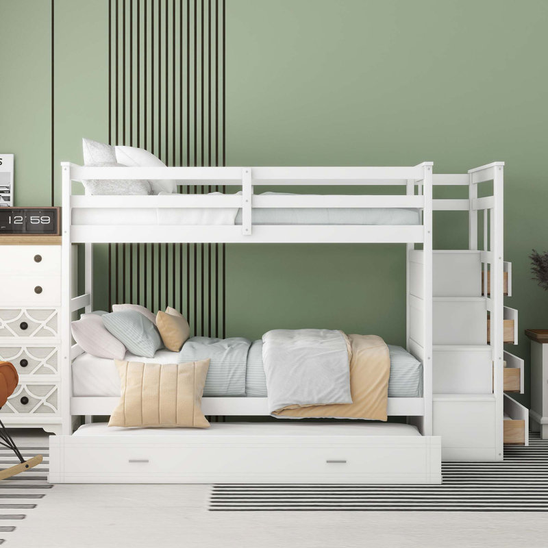 Bunk Bed With Trundle And Staircase,, White
