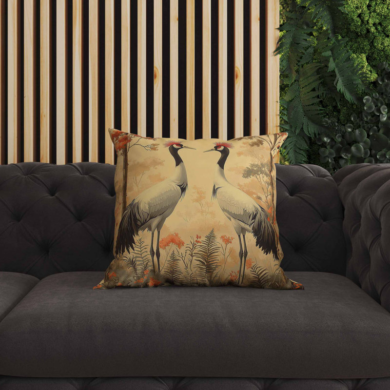 Coussin intérieur / extérieur Autumnal Cranes, Beige / Jaune / Orange, Carré 16 po