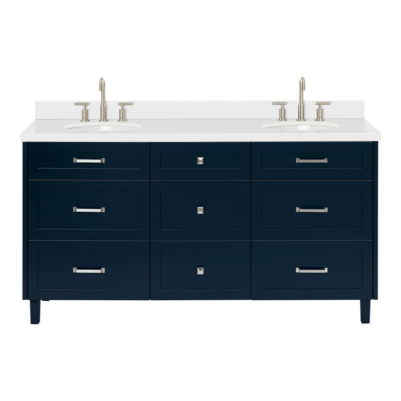 Ariel Monrow 67 Inch Double Oval Sink Bathroom Vanity With Pure White Quartz Countertop, Midnight Blue