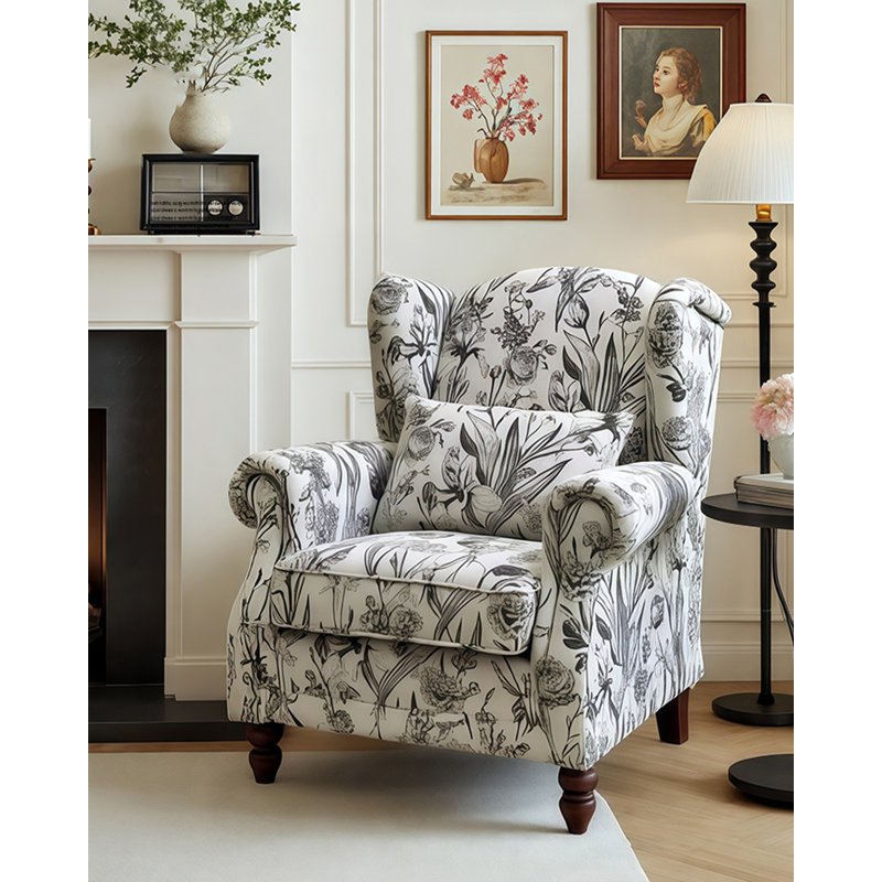 Fauteuil American-Vintage avec structure en bois massif et revêtement en tissu jacquard pour la chambre à coucher et le salon.