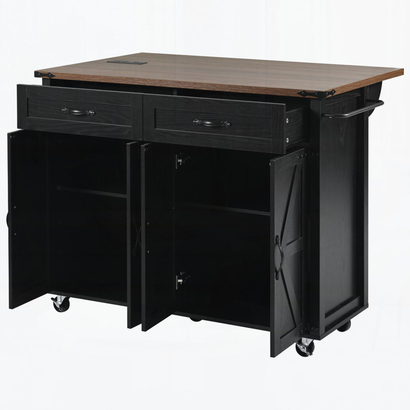 53.5''Farmhouse Kitchen Island With Power Outlet, Kitchen Storage Island With Drop Leaf, Spice Rack And Drawer, Black