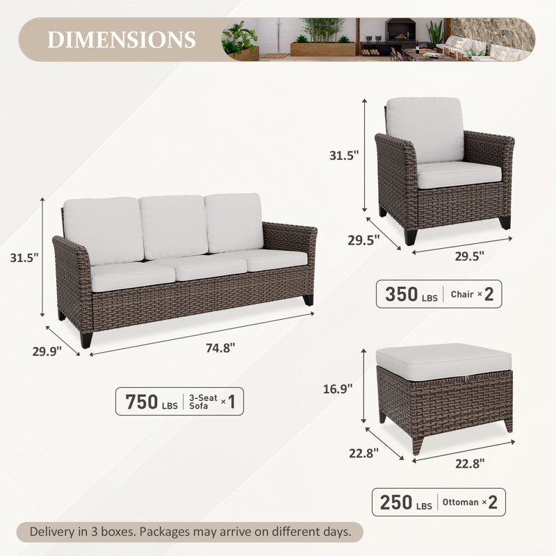 5-Piece Spacious Seating Group Patio Multi-brown Wicker Rattan Sofa Set with Cushions, Beige