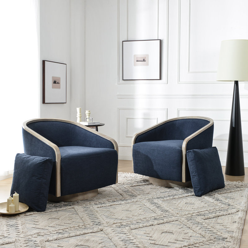 30" Wide Polyester Upholstered Swivel Barrel Chair With Wood Base Set of 2, Navy