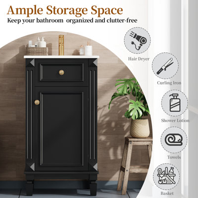 Meuble-lavabo autoportant de 18 po avec lavabo en céramique, style français, noir, porte à fermeture en douceur, tablette réglable
