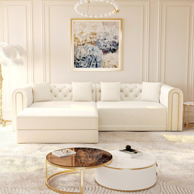 90.6" King-Size Sleeper Sofa Bed 3-In-1 Convertible Sofa With Button Tufted, Gold Edge Trim, And Movable Ottoman by Mercer41