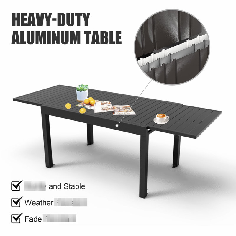 Table de salle à manger extensible pour terrasse, aluminium, foncé, 35 po à 71 po, design attrayant, 4 à 6 personnes, intérieur extérieur foncé, 35 po à 71 po, fabrication extensible et stable