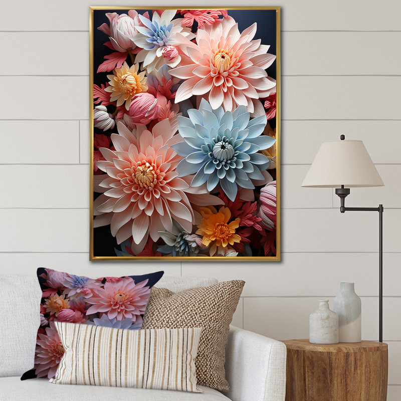 «Soft Elegance Mums Flowers IV» sur toile, Cadre flottant doré, H 32 po x l 24 po x P 1 po