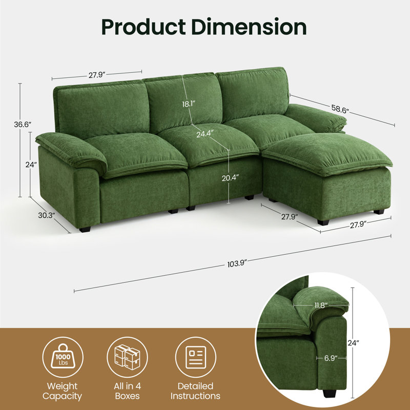 Chenille Cloud Sofa 4-Seat Flexible Combination Couch For Living Room, Green