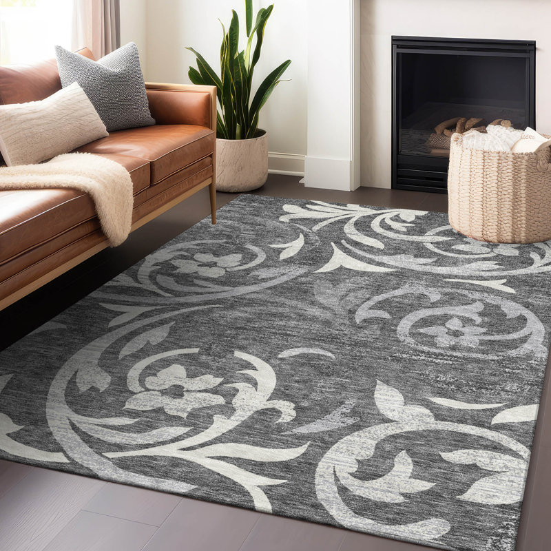 Tapis gris anthracite lavable à la machine Premium Prisco, Rectangulaire 8 pi x 10 pi