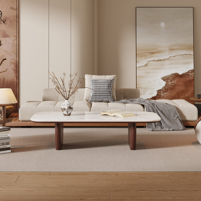 Table basse rectangulaire de 51 po Neatha, plateau de table en pierre frittée blanche, pieds en bois massif brun, Brun