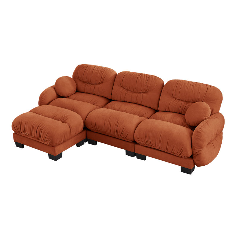 Canapé modulaire plissé plissé, canapé en chenille avec méridienne en L et repose-pieds, Chenille orange