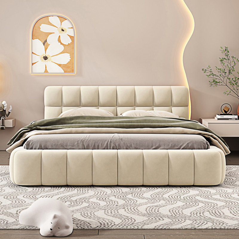 Cadre de lit, lit plateforme tapissier avec tête de lit, Beige