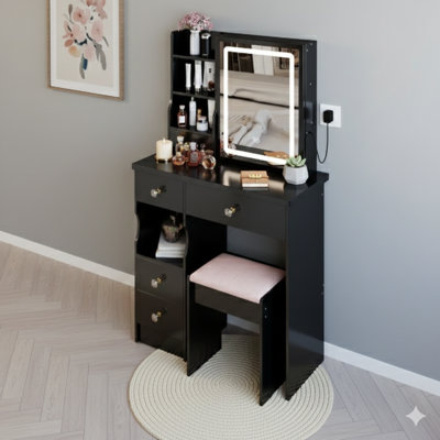 Petite unité de 29,2 pouces combinant une table de bureau / coiffeuse à tiroir gauche et un tabouret rembourré. Comprend un grand miroir à DEL coulissant à commande tactile avec interrupteur tricolore et luminosité réglable, ainsi qu'un rangement de grande capacité. Convient aux petits espaces.