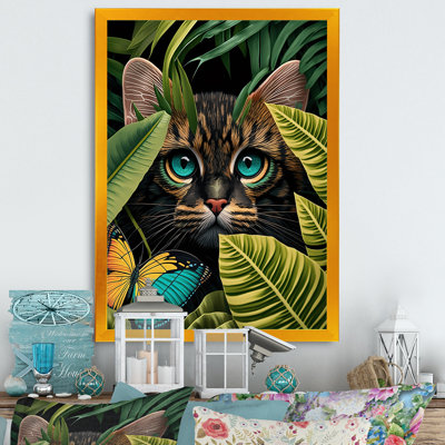 «Cute Cat With Butterfly In Jungle Bushes I», reproduction d'art sur toile