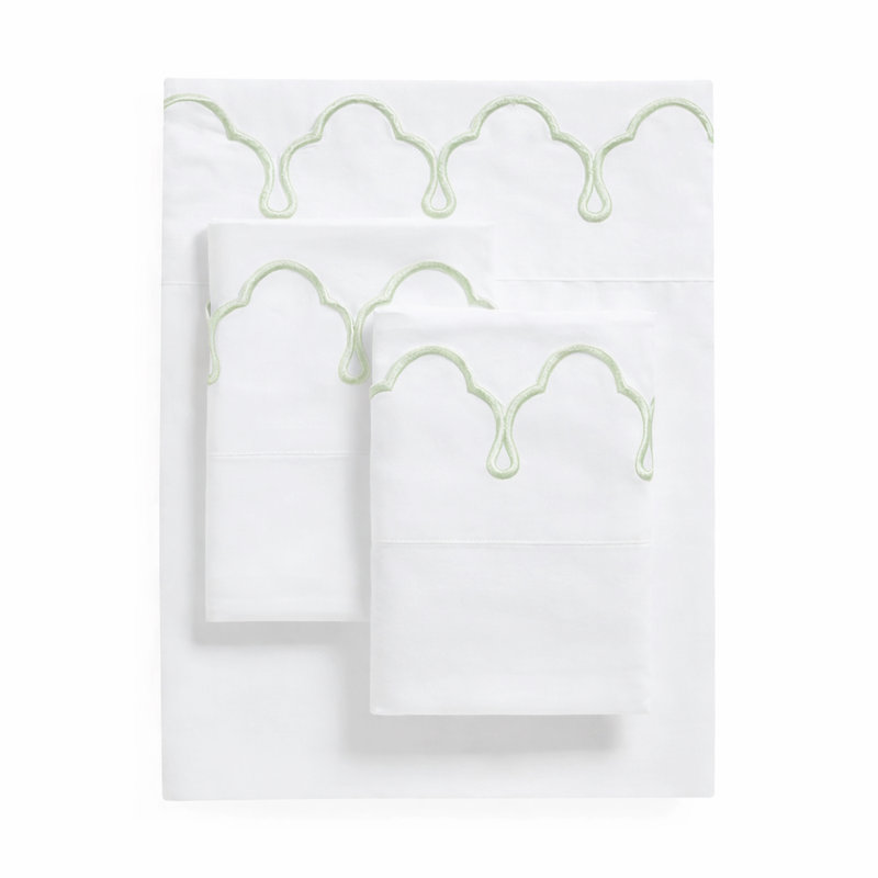 Scalloped 100% Cotton Standard Sheet Set, Twin Sheet Set, White Green