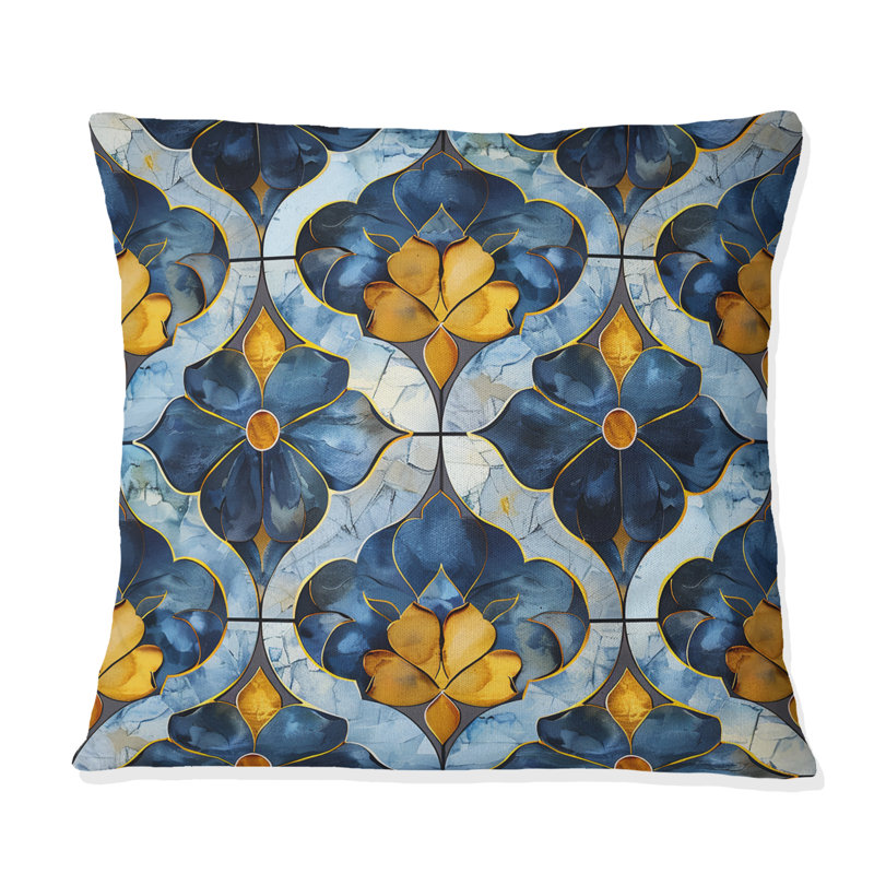 Bleu, jaune, quadrilobe à motifs II - coussin décoratif moderne, H 16 po x l 16 po