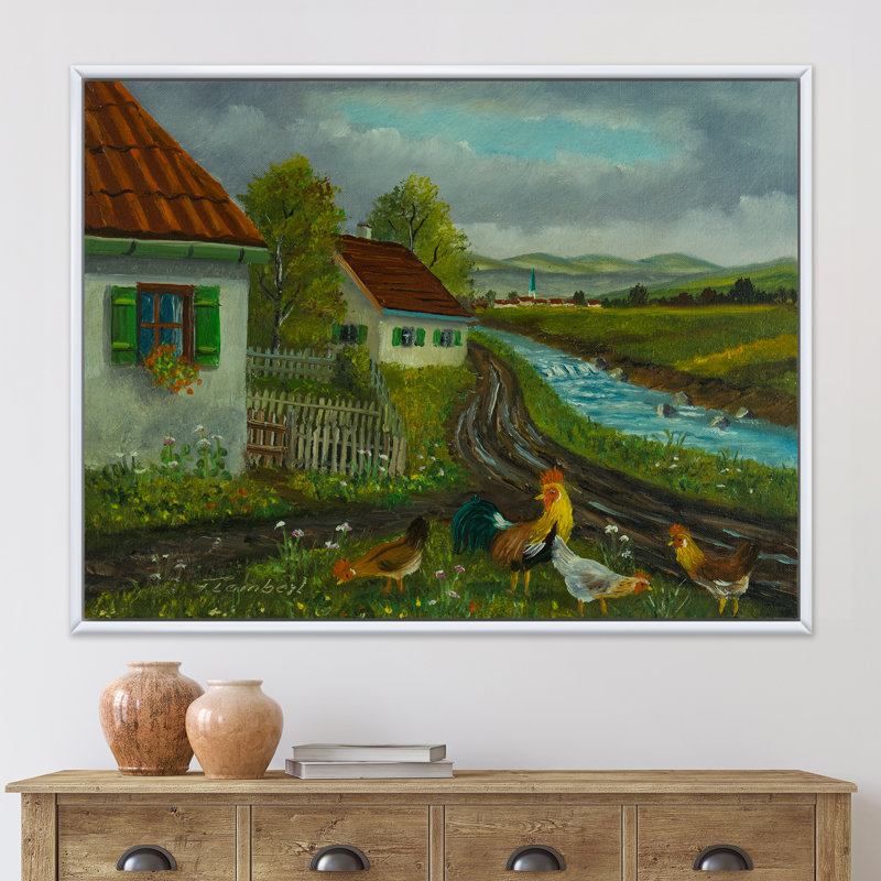 Trois poules et un coq dans un pré avec des fleurs - peinture sur toile, H 24 po x l 32 po x P 1 po, Cadre flottant blanc
