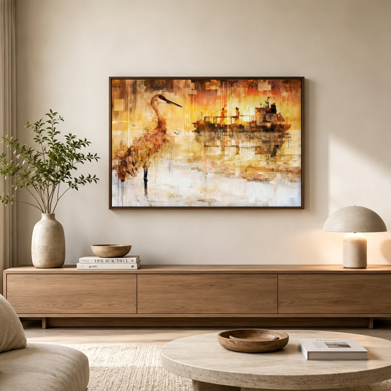 "Sandhill Crane Water Ship Fiery Sunset", art mural sur toile avec cadre flottant, 24 po x 36 po, Doré