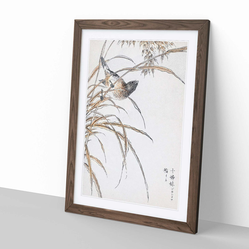 Japanese Grey Bunting Bird by Numata Kashu - Picture Frame Painting Print, Walnut Framed, 48cm H x 36cm W x 2cm D