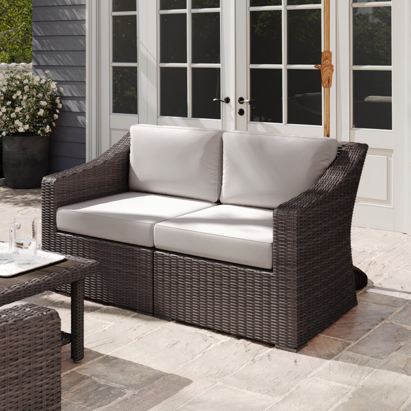 Martha Stewart Bedford Outdoor Modular Rattan Wicker Loveseat With All-Weather Cushions, Tan, Brown