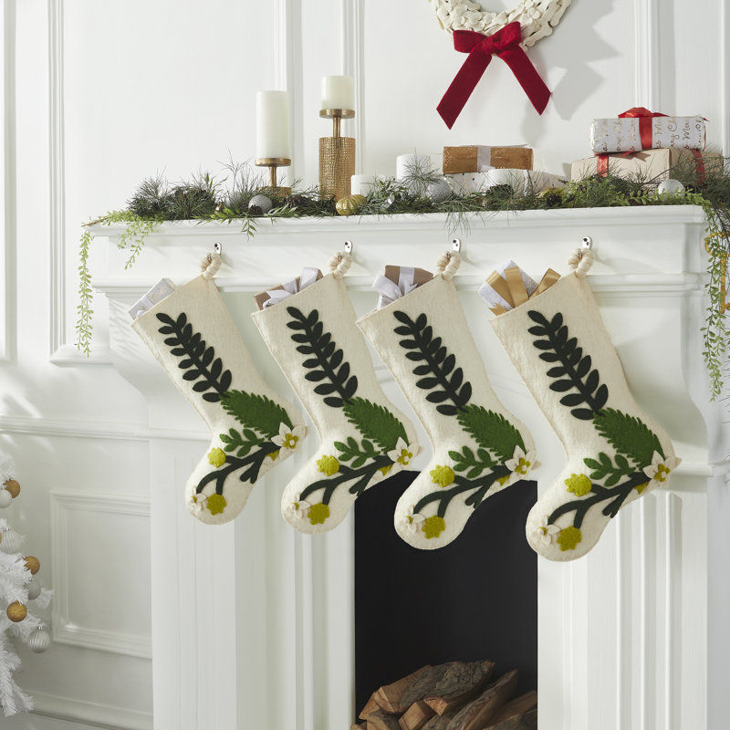 Hand Felted Wool Christmas Stocking with Green Leaves on Cream