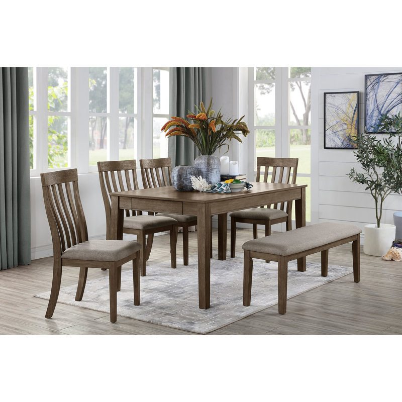 Table de salle à manger en bois massif avec 2 tiroirs cachés, aspect brun brossé métallique pour les tiroirs décontractés
