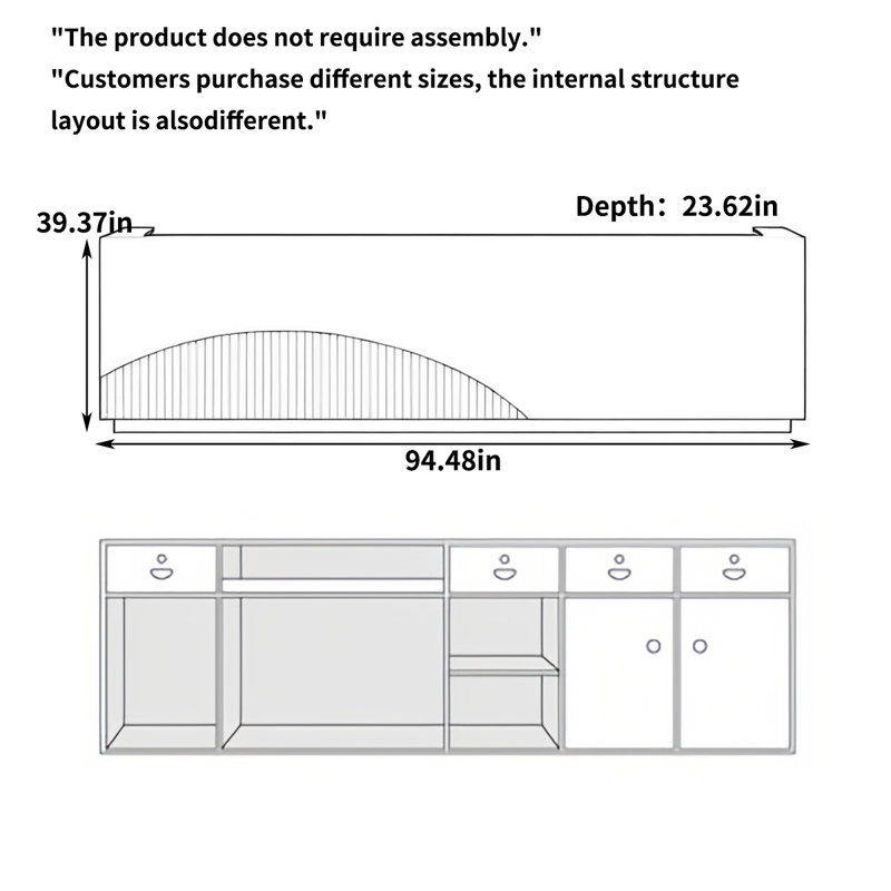 Front Desk Writing Desk with LED Light Effect - Ideal for Salons and Stores, 39.37" H x 94.48" W x 23.62" D, Black