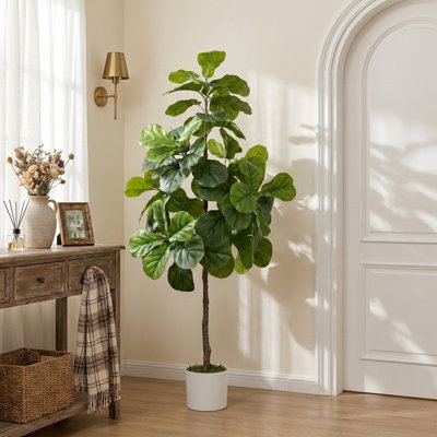 Lush Faux Fiddle Leaf Fig Tree with Dense Glossy Leaves, Realistic Ficus Lyrata, Potted Artificial Tree for Living Room Bedroom Office Corner