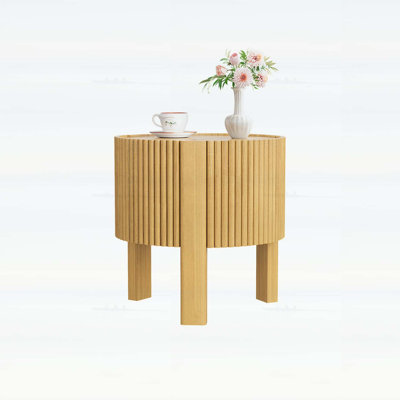 Round Fluted Side Table with Storage, Rubber Solid Wood, Soft-close Door, Natural Finish for Living Room, 19.6 Inch