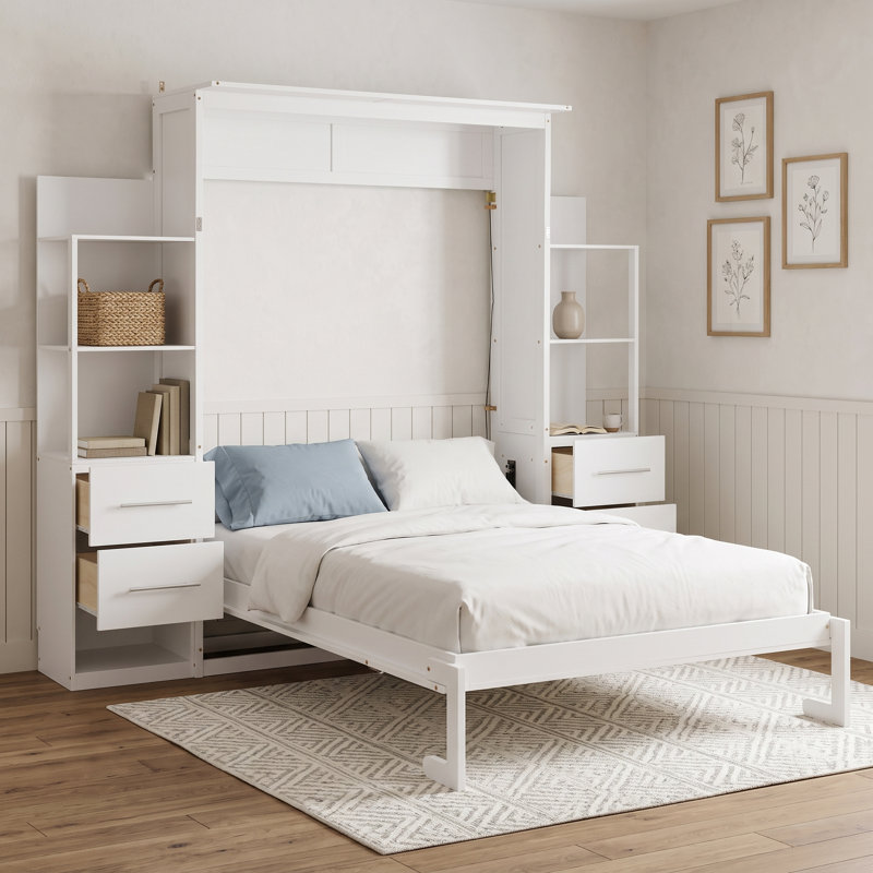 Murphy Bed Wall Bed with Shelves, Drawers and LED Lights, Blanc, Lit double