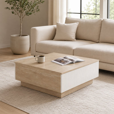 Table basse de salon de 13,7 pouces à grain de pierre beige mat avec double tiroir simple wabi sabi