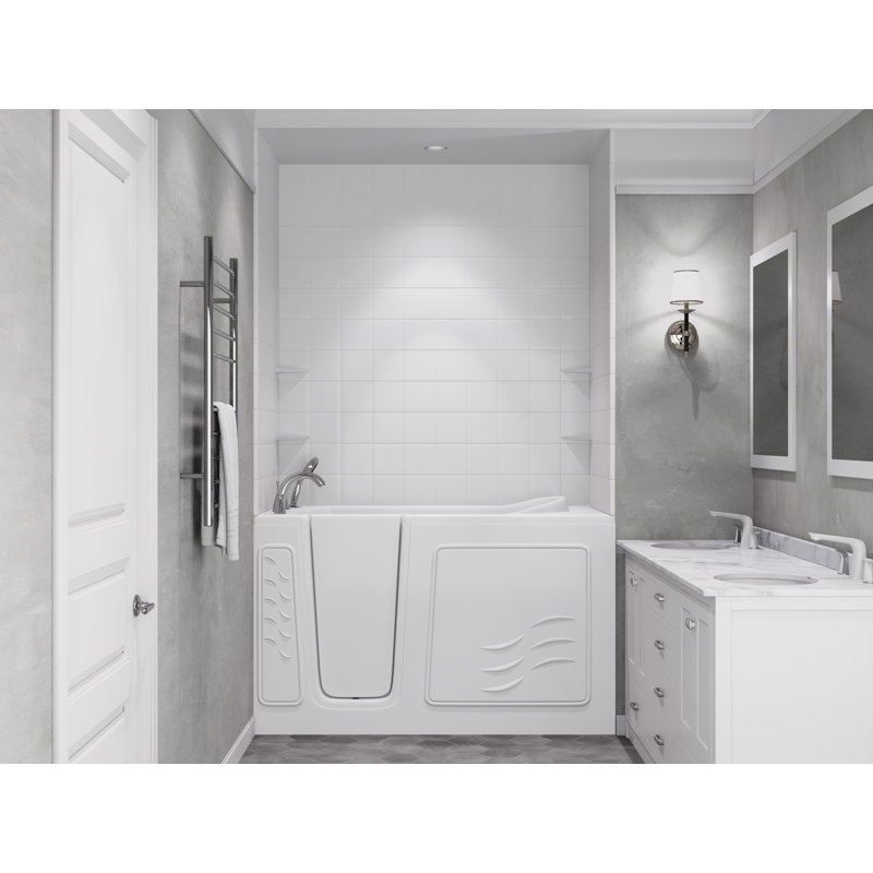 Nova Heated Series 30" x 59" Left Drain Air Jetted Bathtub in White with 6 in. Tile Shower Wall Kit, Left, White
