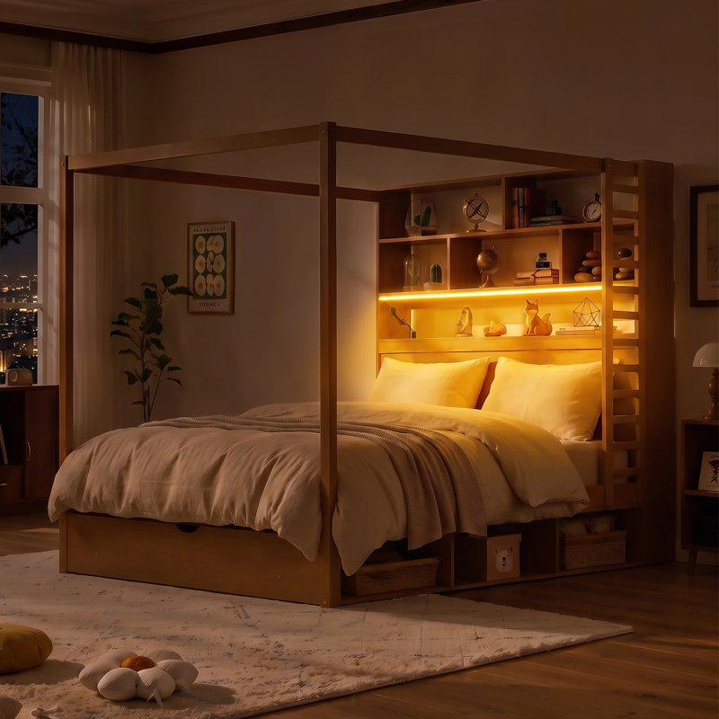Lit à baldaquin en bois Queen Size avec tête de lit bibliothèque, prises USB et éclairage DEL RVB intelligent, lit plateforme avec rangement sous le lit, tiroir au pied du lit et garde-robe réversible, noyer