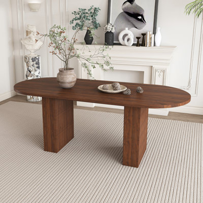 Table de salle à manger 62,9 pouces ovale pour 6 personnes, plateau de table en panneau de fibres à densité moyenne plaqué noyer avec base en panneau de fibres à densité moyenne, table de salle à manger de style campagne moderne avec surface imperméable et résistante aux rayures