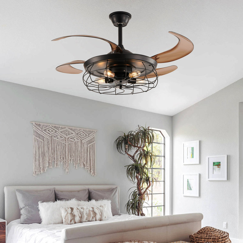 Ventilateur de plafond en cage noir 48 po avec lumière et télécommande, moteur à courant continu silencieux à 6 vitesses, style maison de campagne industrielle