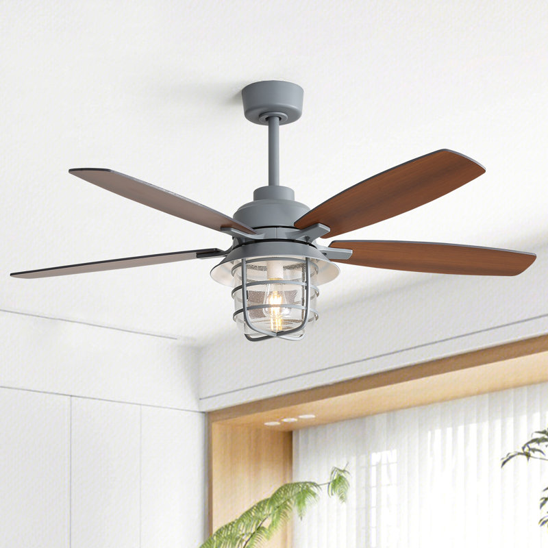 52" Cement Gray Downrod Ceiling Fan With Artisan Glass Light & Silent Dc Motor