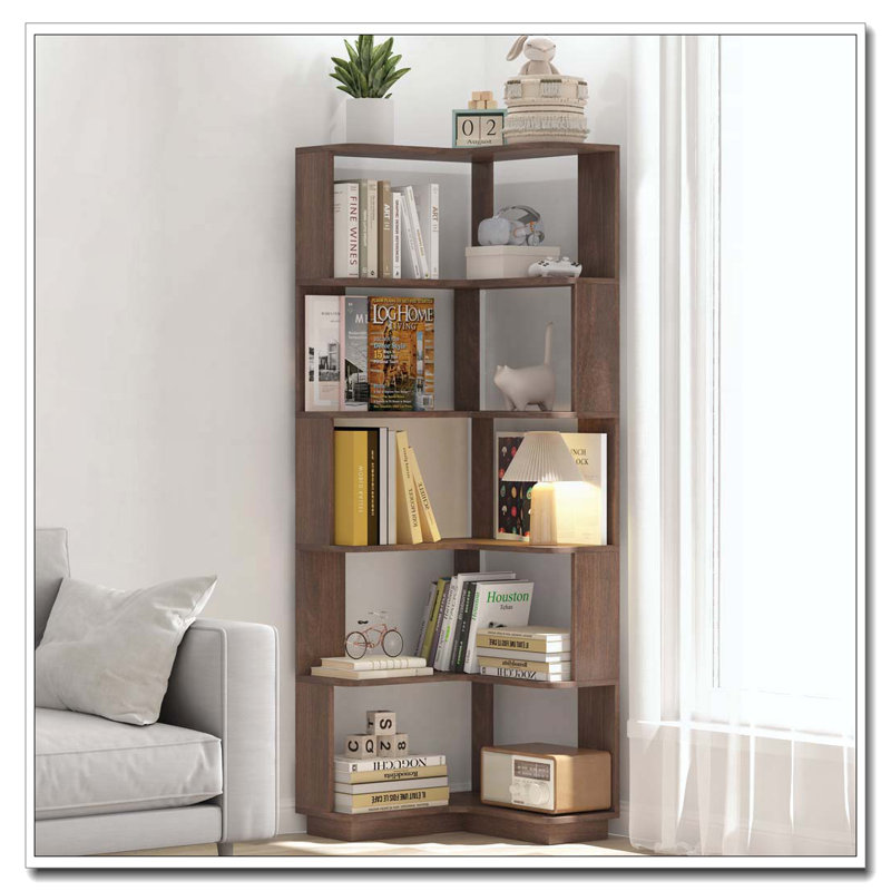 6 Tier Freestanding L-Shaped Corner Bookshelf For Living Room, Dark Brown