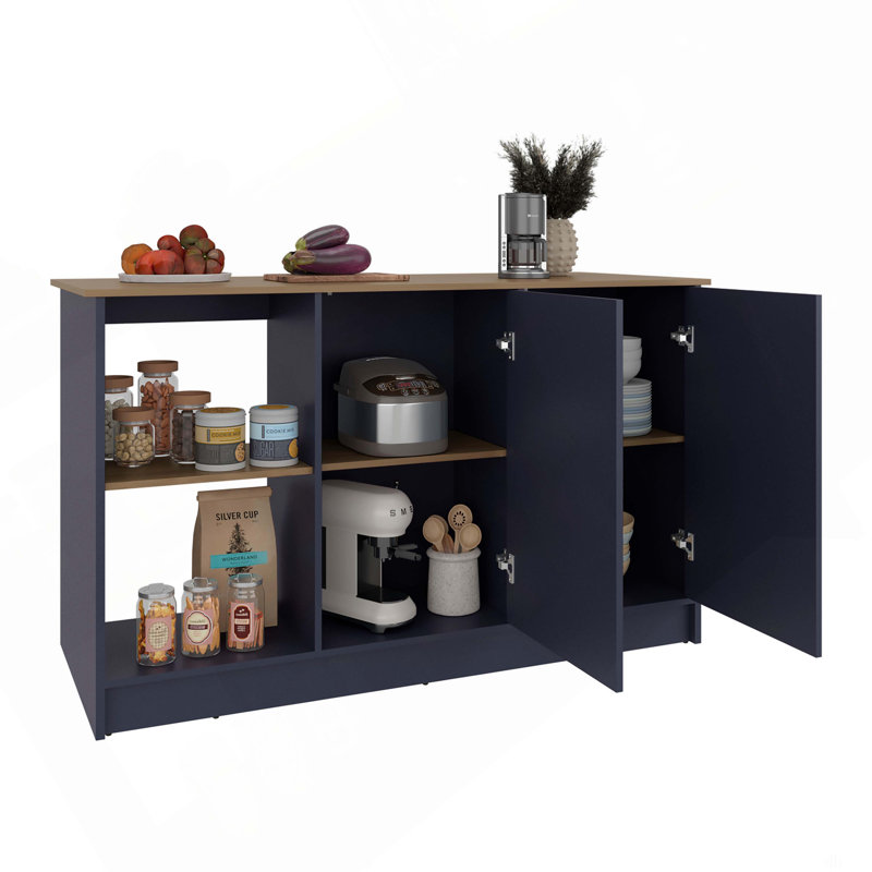 Juniper Kitchen Island With Large Dining Countertop, Double Door Cabinet With Interior Storage Shelves And, Two  Open Shelves