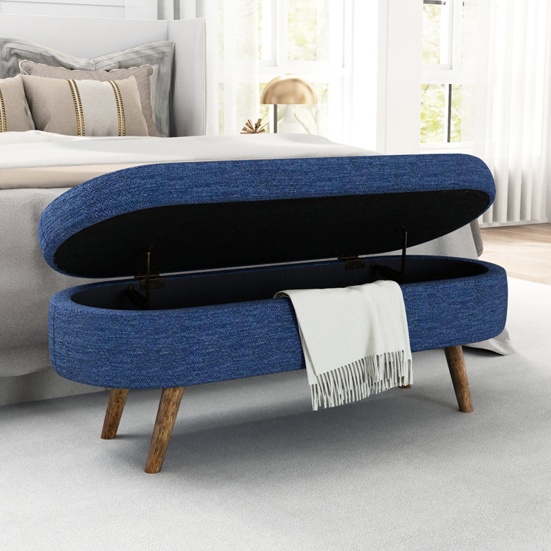 Banc de rangement ovale bleu avec pieds en bois d'hévéa, 43,5 po x 16 po x 16 po, avec repose-pieds ou siège, espace disponible, travail d'assemblage simple, aspect de tissu plissé et abat-jour lisse, sélection, capacité, facilité