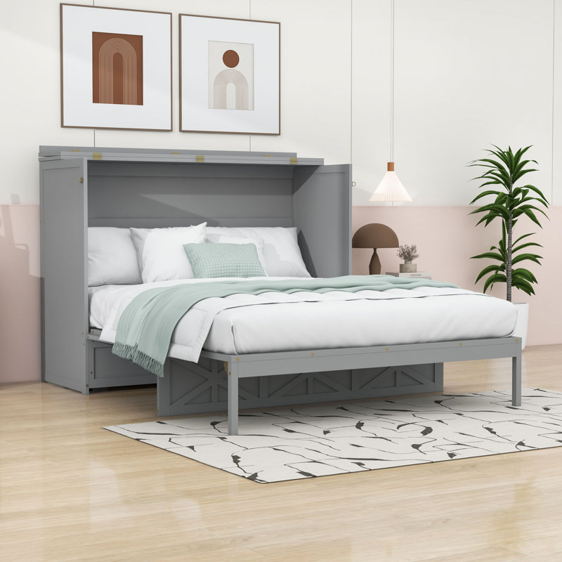 Grand lit escamotable en bois avec tiroir et ports et prises USB, Gris brossé