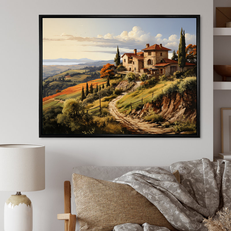 «Country Charm Tuscan Splendor», art mural campagne, H 16 po x l 32 po x P 1 po, Cadre flottant noir