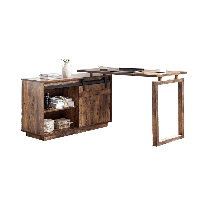 Bureau d'écriture en L Fior, porte de grange en bois patiné 56 pouces, Brun