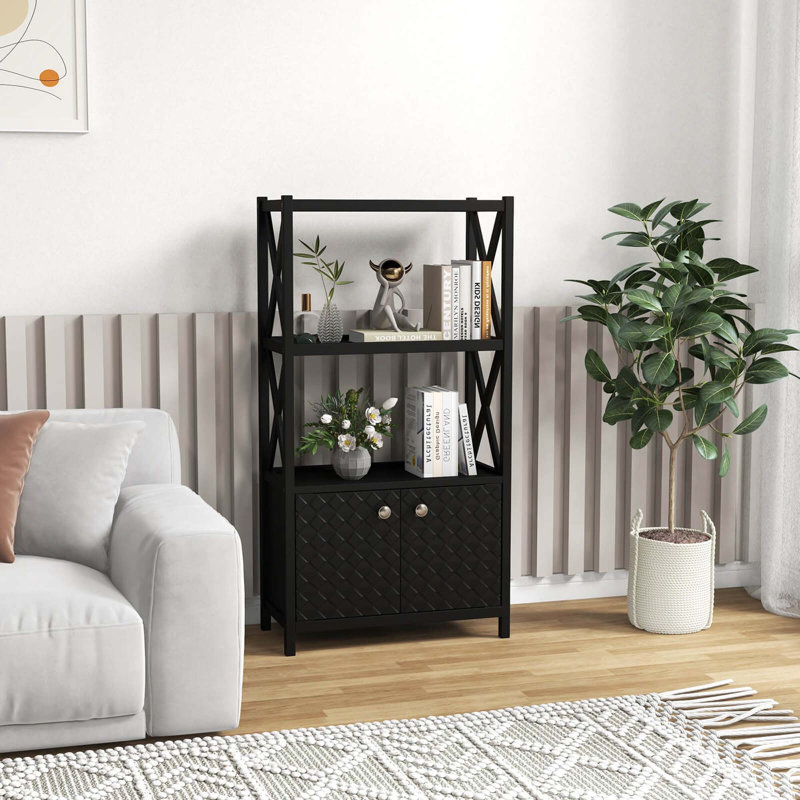 Bathroom Storage Cabinet With Open Shelves & Double Doors Modern Storage Organizer, Black