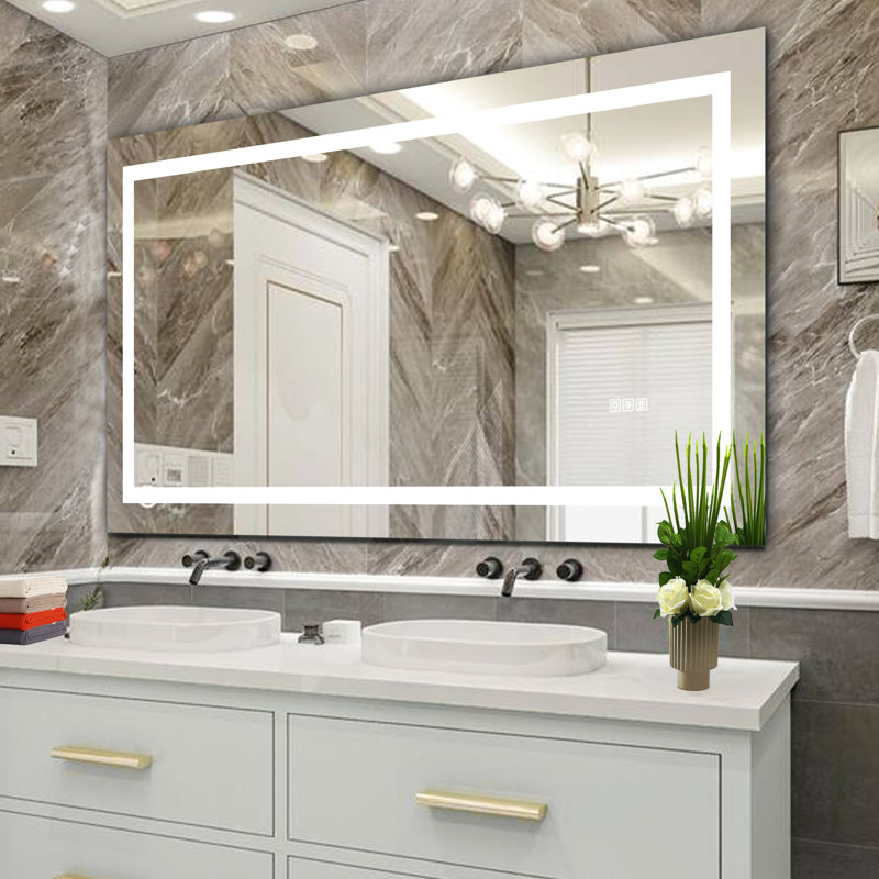 Miroir à brouillard 60 po x 32 po à DEL avec capteur tactile, luminosité et température de couleur réglables pour la salle de bain, utilisation à intensité variable