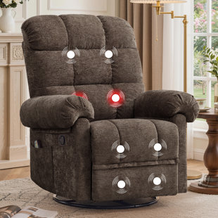 Recliner Chair, 360° Swivel Recliner with Heat & Massage, Chenille Upholstered Manual Recliners with Side Pockets
