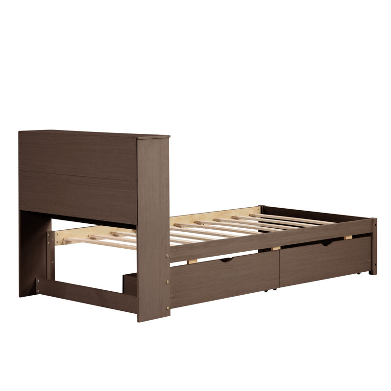 Structure de lit simple de couleur noyer avec espace de rangement pour la texture, tiroir, Noyer
