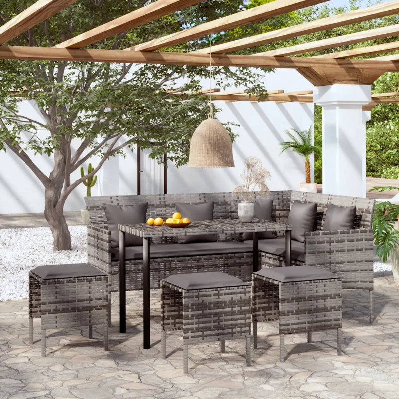 L-shaped Couch Sofa Set 5 Piece with Cushions Poly Rattan, Grey, Grey, Grey